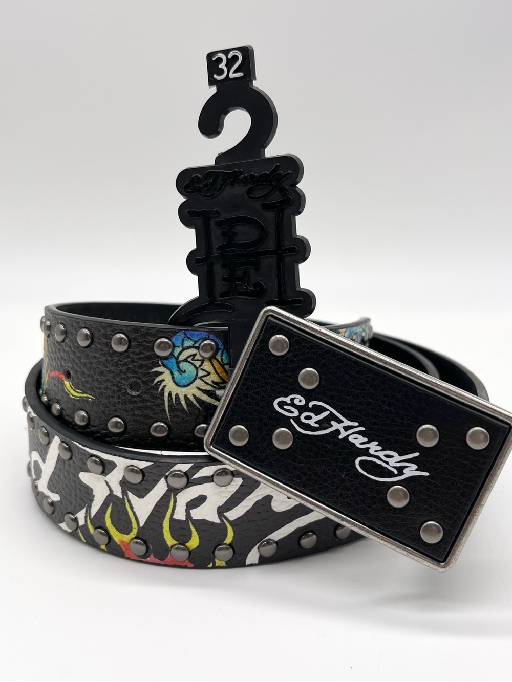 Ed Hardy Studded Belt Size 32 NWT Black Leather Graphic Tattoo Print Logo Buckle